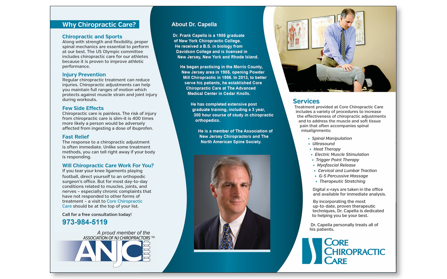 Front of Brochure: curve matches the logo design and also gives a dynamic look when brochure is open or closed.