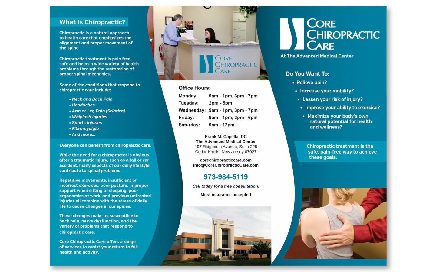 Back of Brochure: curve matches the logo design and also gives a dynamic look when brochure is open or closed.