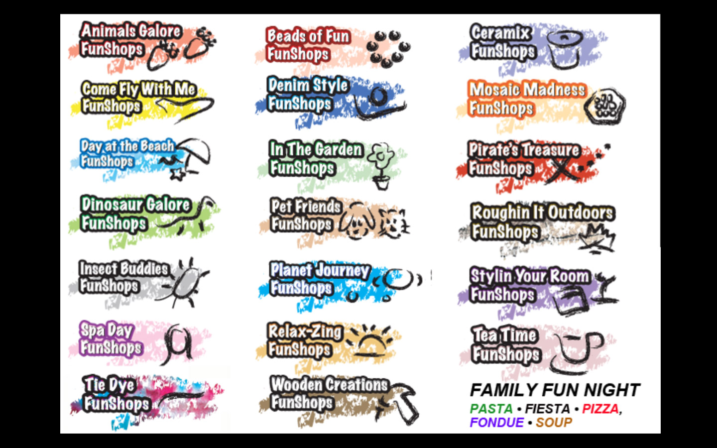 Funshops classes and party themes: naming and branding